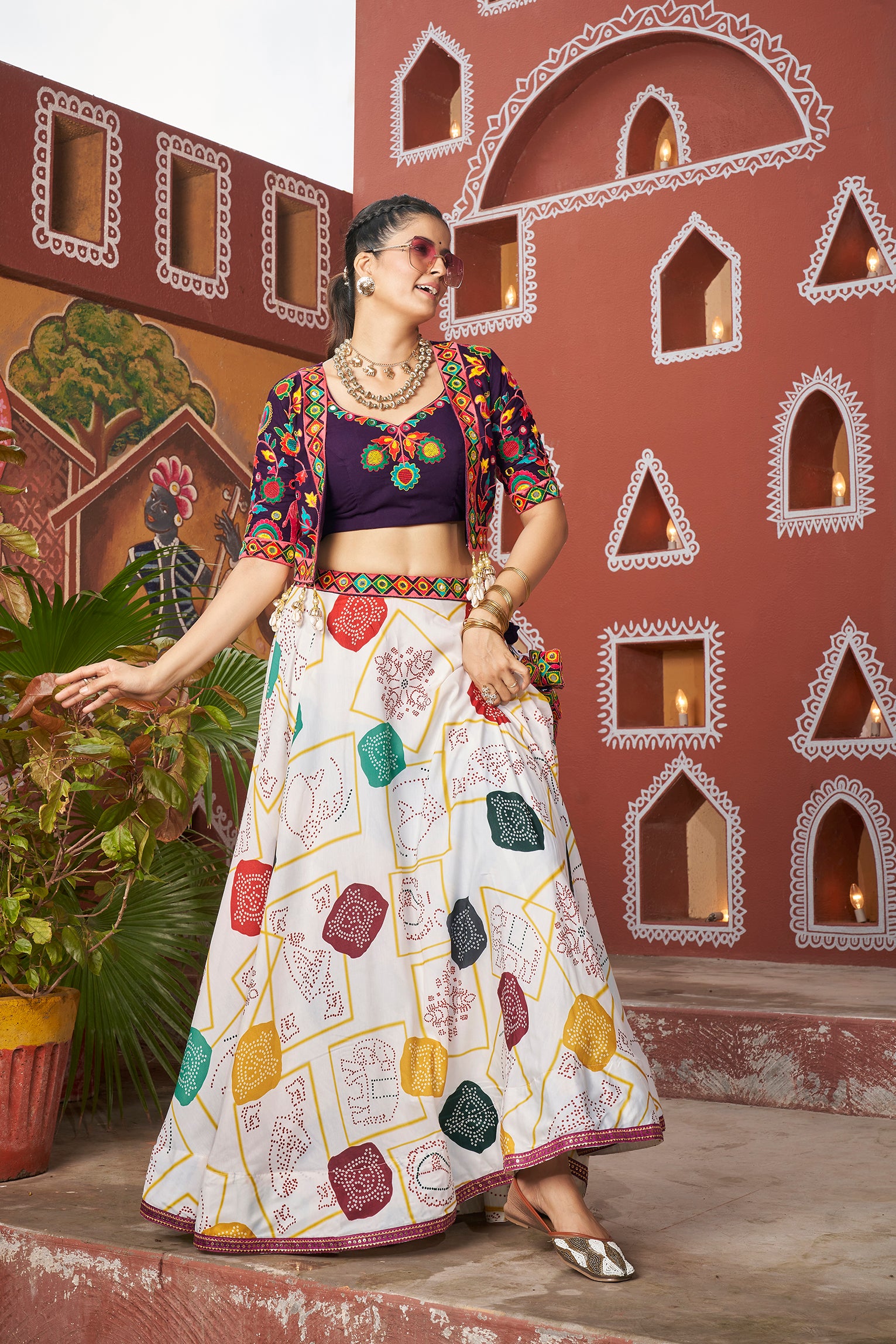 White printed Chaniya Choli with black blouse and embroidered jacket