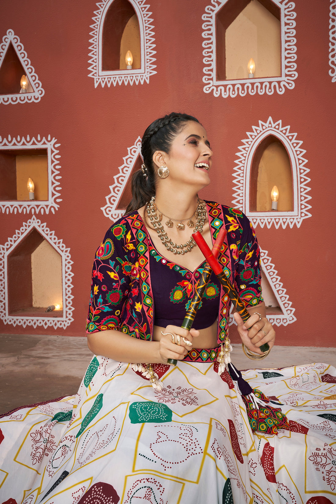 White printed Chaniya Choli with black blouse and embroidered jacket