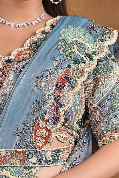 Light Blue Pure Hand Work Satin Silk Bridal Saree 