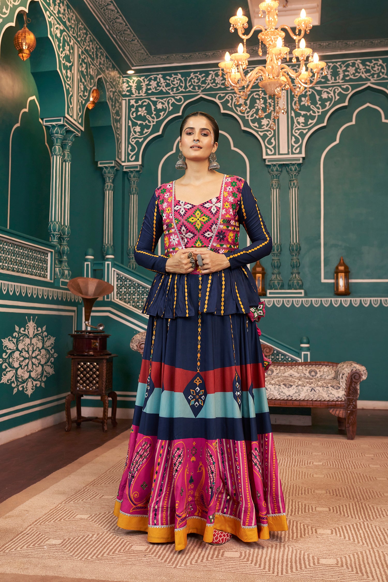 Navy Blue Pink Chaniya Choli for Navratri | Mirror Work Garba Dress | Buy  Online at Anant Exports