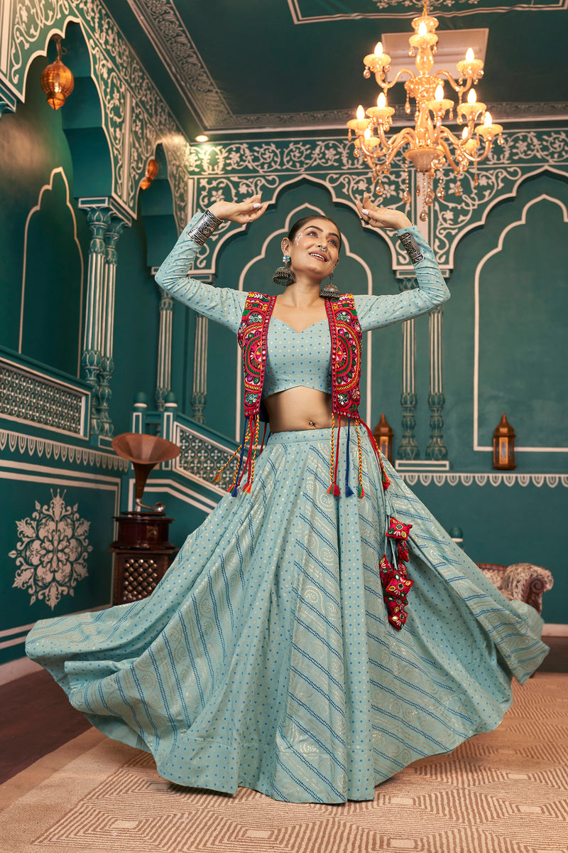 Aqua blue koti style chaniya choli for Navratri

