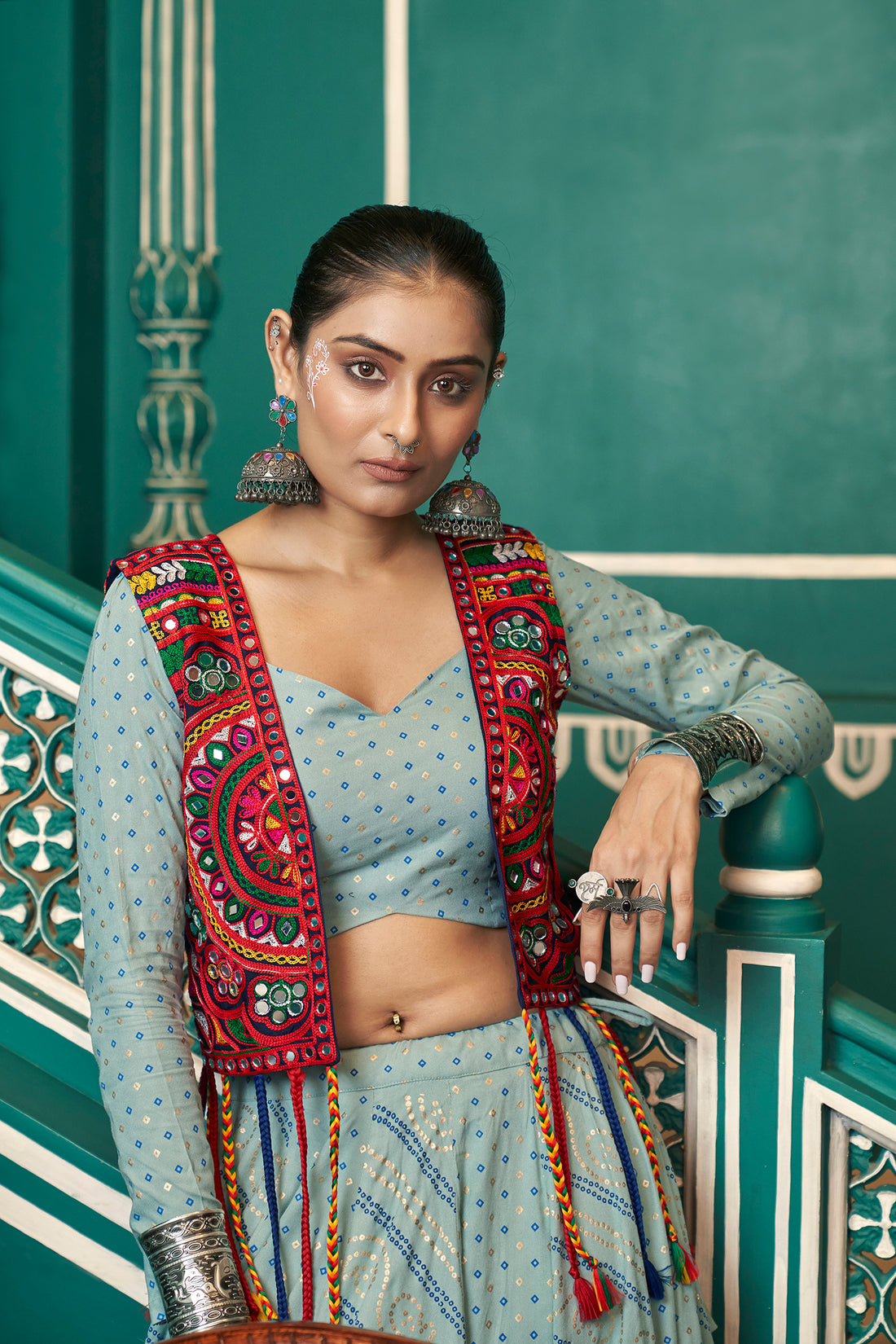 Aqua blue koti style chaniya choli for Navratri

