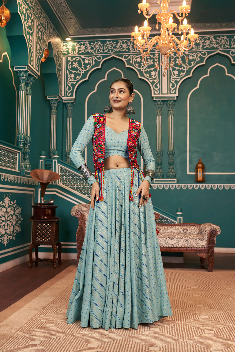 Aqua blue koti style chaniya choli for Navratri

