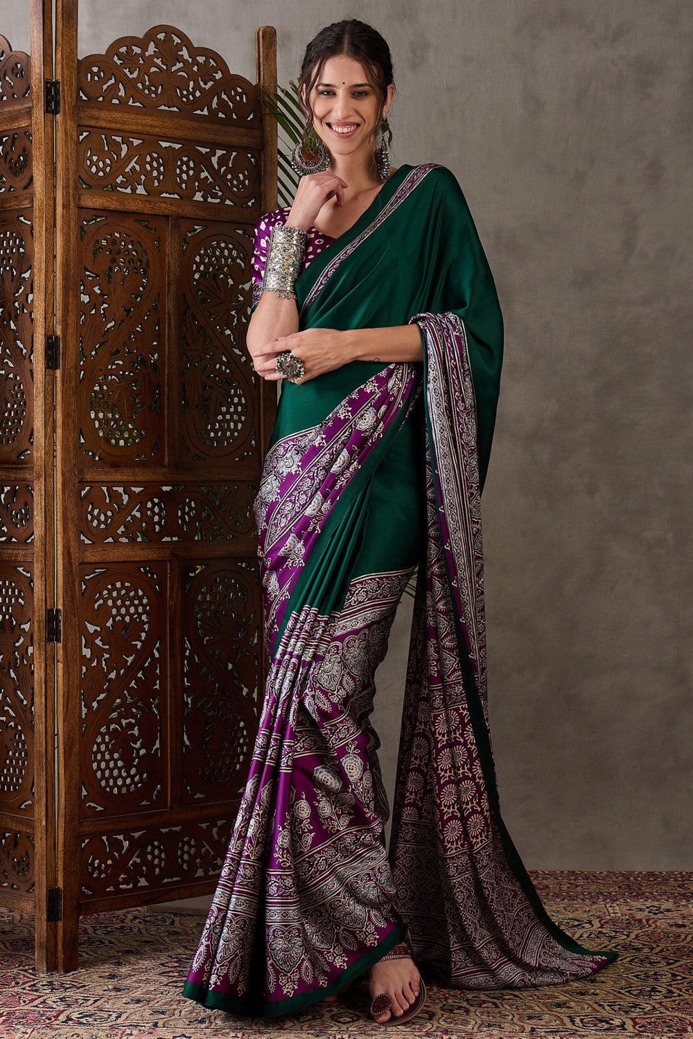 Bottle Green Pure Soft Modal Satin Ajrakh Print Satin Saree Japan Satin Saree Anant Tex Exports Pvt.Ltd..