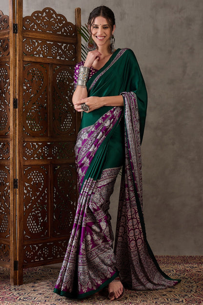 Bottle Green Pure Soft Modal Satin Ajrakh Print Satin Saree Japan Satin Saree Anant Tex Exports Pvt.Ltd..