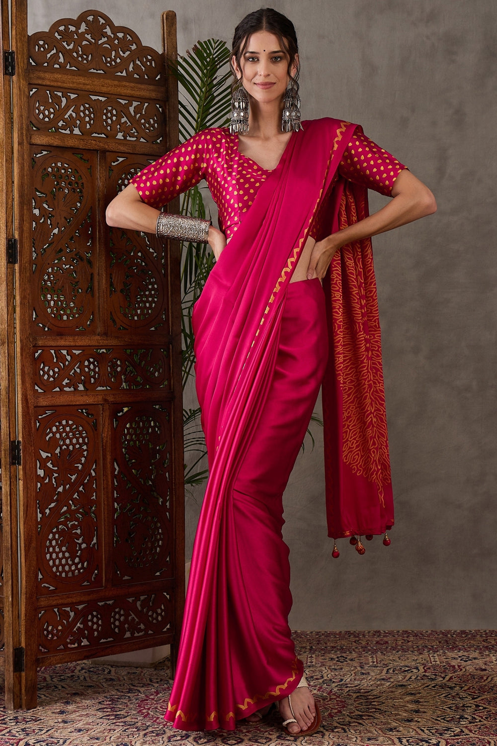 Magenta Pure Gaji Silk Satin Printed Saree ##color## Japan Satin Saree with premium fabric and embroidery