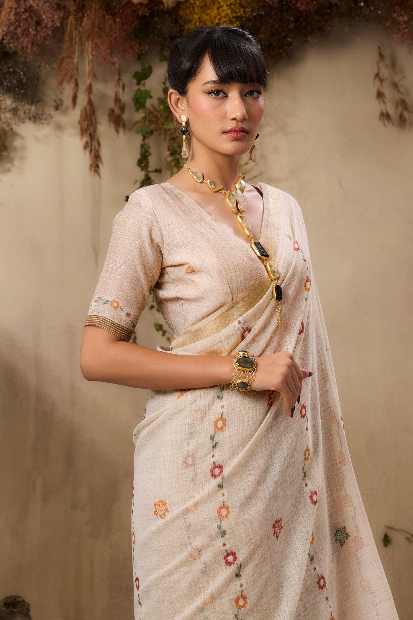 Milklace Cream Pure Soft Handloom Muga Cotton Saree 
