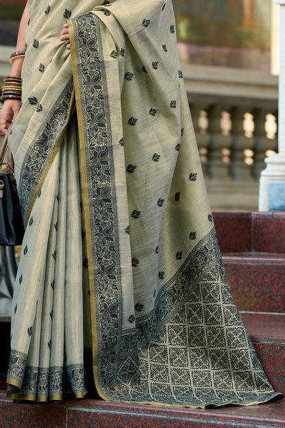 Grey Pure Tussar Linen Handloom Silk With Weaving Silk Saree 