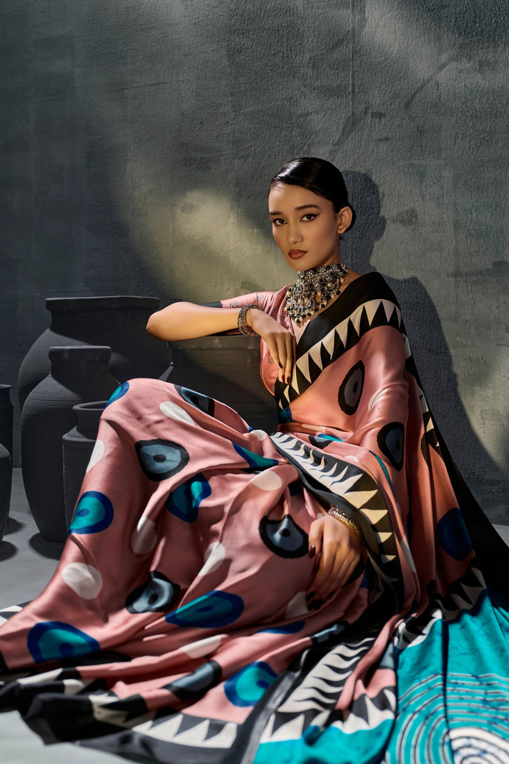 Purple Ajrakh Printed Satin Crepe Silk Saree ##color## Japan Satin Saree with premium fabric and embroidery