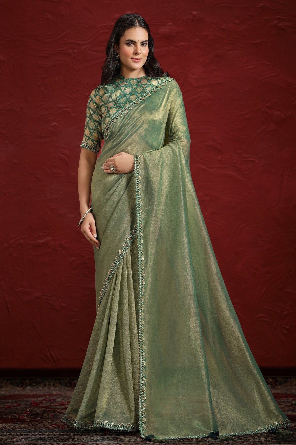 Green Pure Soft Banarasi With Stiched Blouse Saree