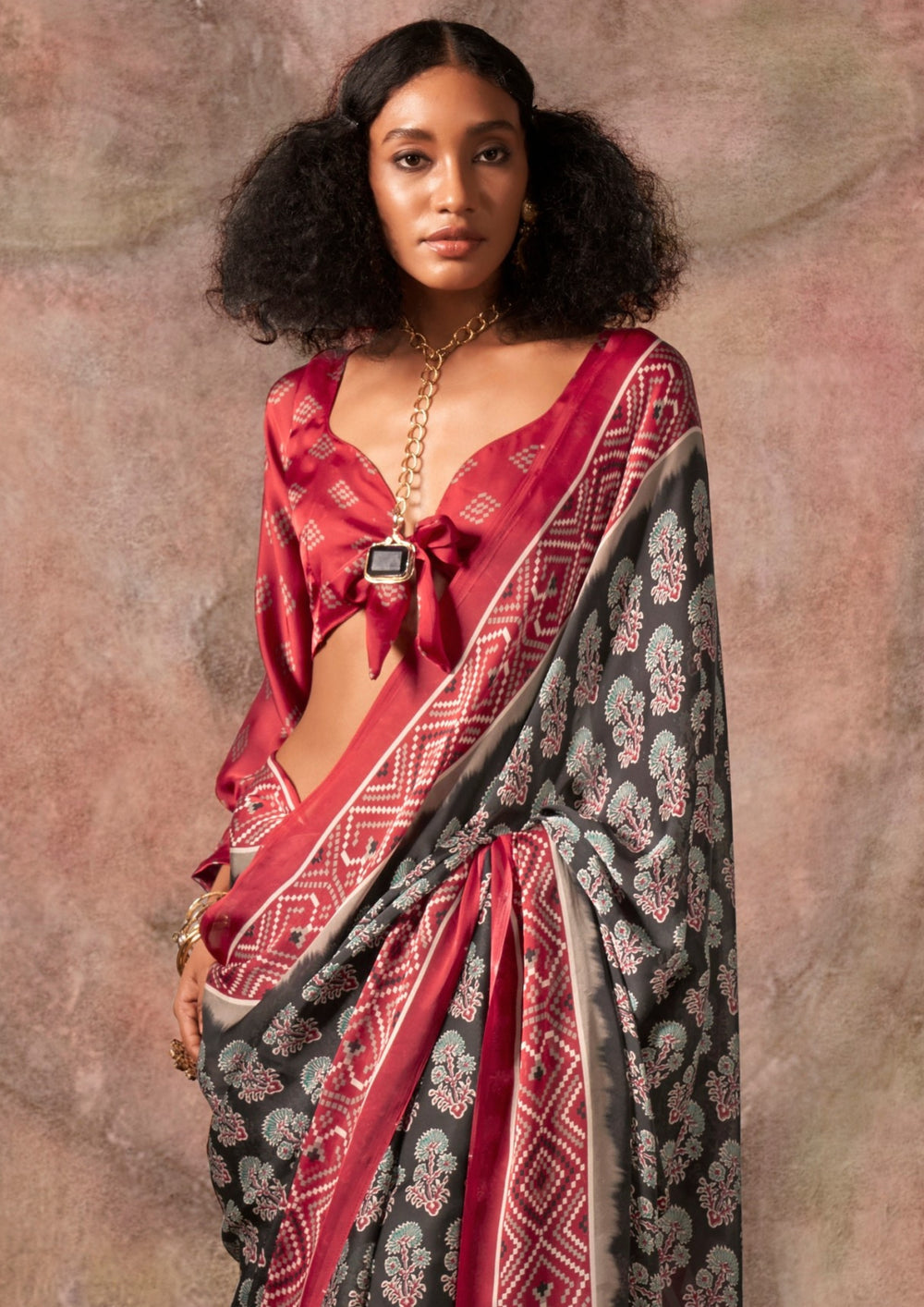 Maroon Raisins Ajrakh Printed Satin Georgette Silk Saree 