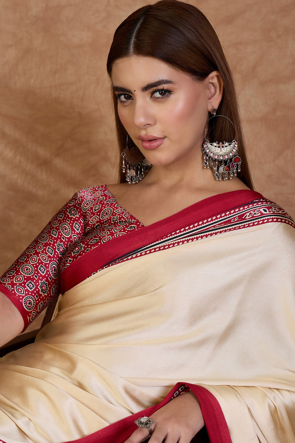 Cream and Red Pure Soft Modal Satin Ajrakh Print Satin Saree Japan Satin Saree Anant Tex Exports Pvt.Ltd..