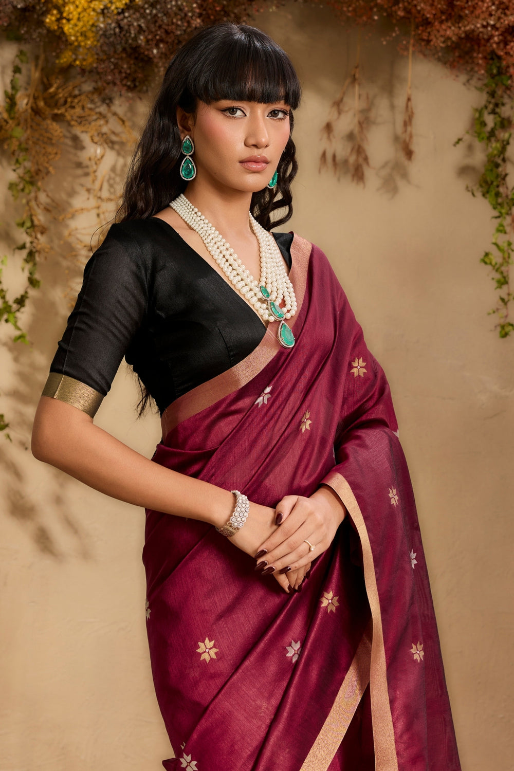 Mahogany Red Pure Tussar Handloom Silk Saree 