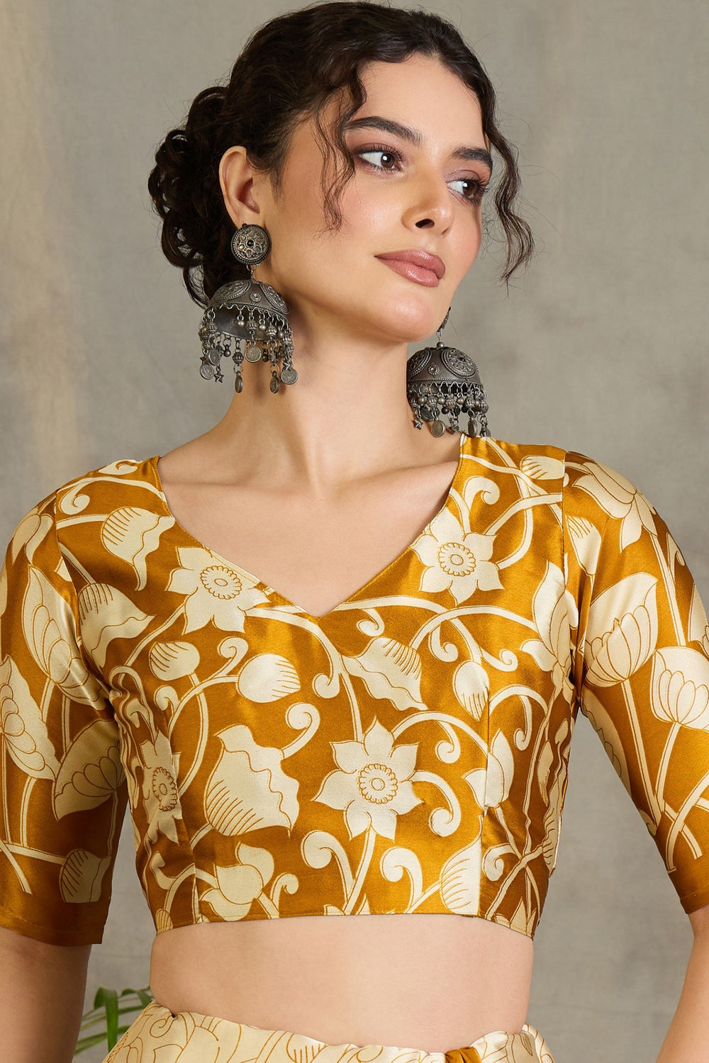 Yellow Kalamkari Printed Satin Silk Saree 