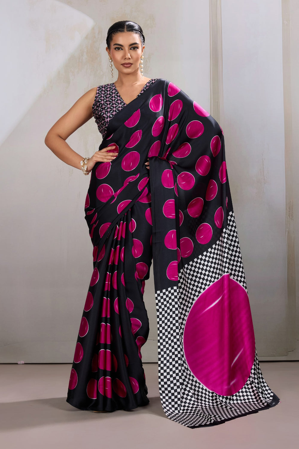 Bubblegum Pink Printed Polka Dots Satin Crepe Saree ##color## Floral Printed Saree with premium fabric and embroidery