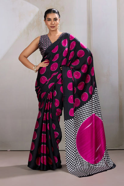 Bubblegum Pink Printed Polka Dots Satin Crepe Saree 