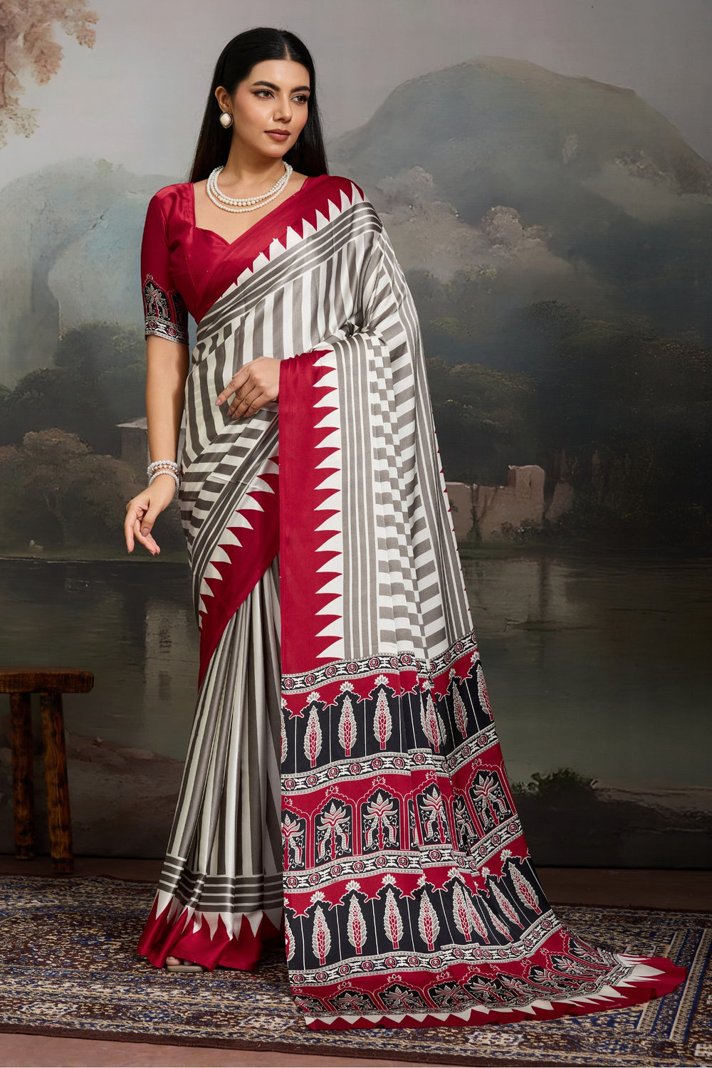 White and Red Pure Ajrakh Printed Satin Crepe Silk Saree 