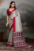 White and Red Pure Ajrakh Printed Satin Crepe Silk Saree 