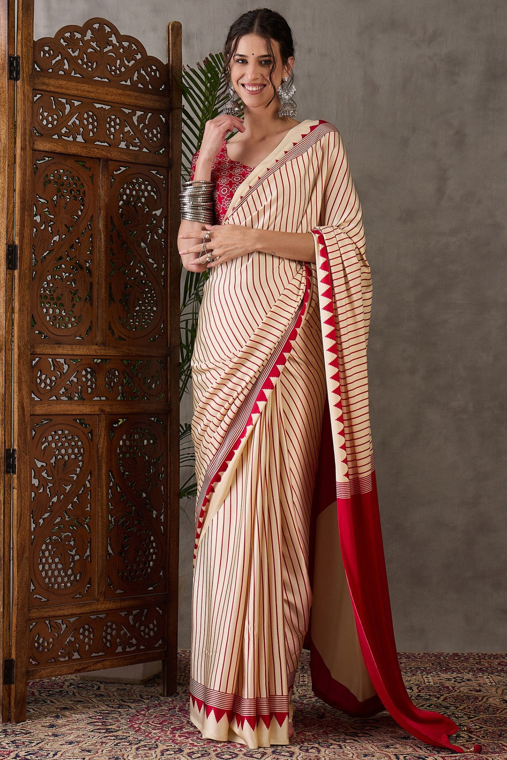 Almond Cream and Red Printed Satin Gaji Silk Saree ##color## Japan Satin Saree with premium fabric and embroidery