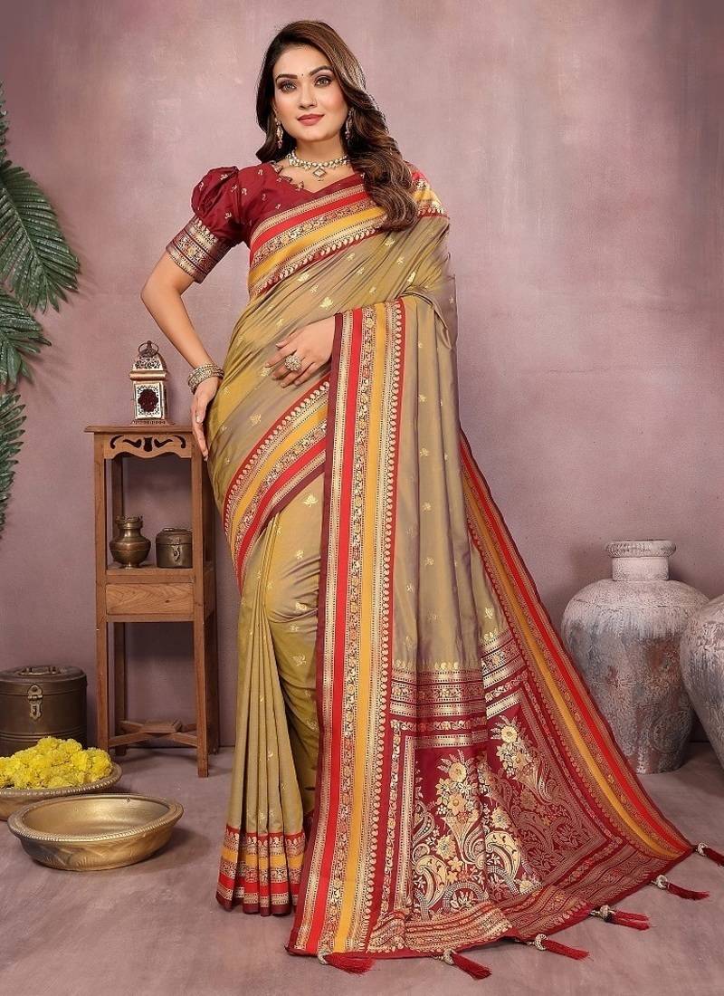 Mustard Pure Handloom Kalamkari Silk Saree