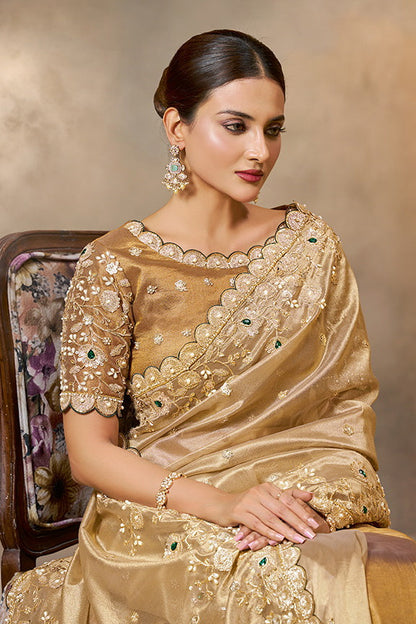 Golden Cora Zari Tissue Silk Handwork Designer Bridal Saree 