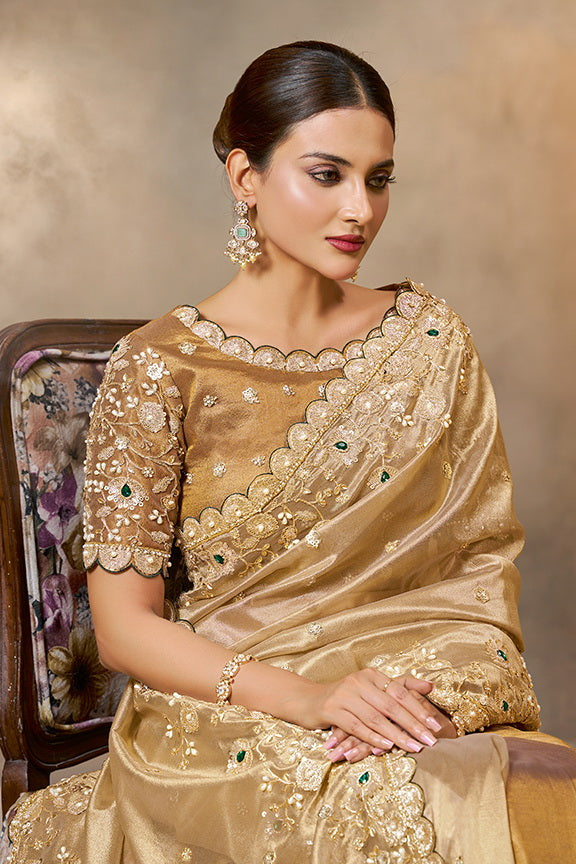 Golden Cora Zari Tissue Silk Handwork Designer Bridal Saree