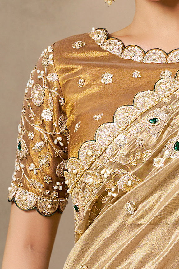 Golden Cora Zari Tissue Silk Handwork Designer Bridal Saree 