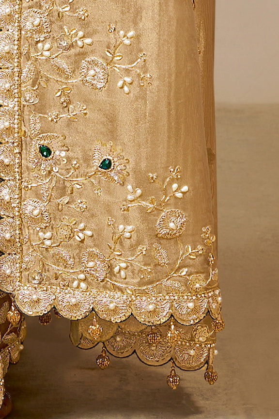 Golden Cora Zari Tissue Silk Handwork Designer Bridal Saree 