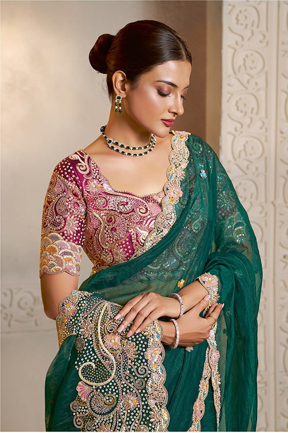 Peacock Green Organza Satin Handwork Designer Bridal Saree 