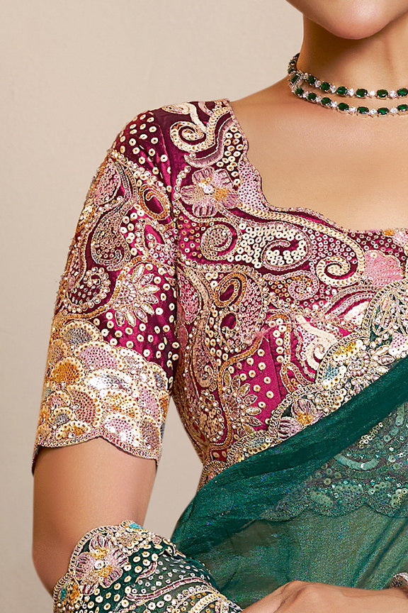 Peacock Green Organza Satin Handwork Designer Bridal Saree 