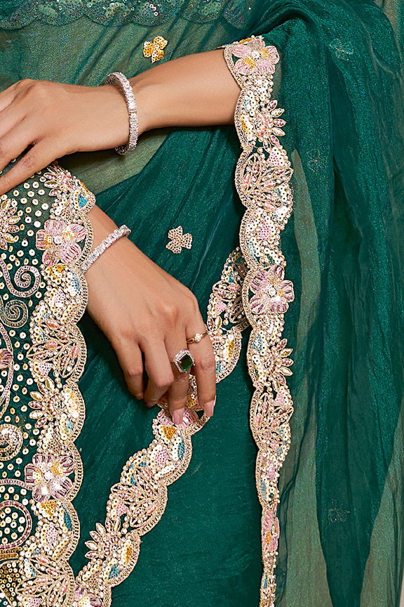 Peacock Green Organza Satin Handwork Designer Bridal Saree 