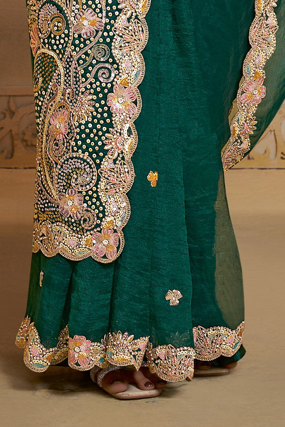 Peacock Green Organza Satin Handwork Designer Bridal Saree