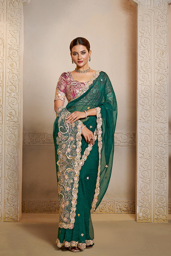 Peacock Green Organza Satin Handwork Designer Bridal Saree 