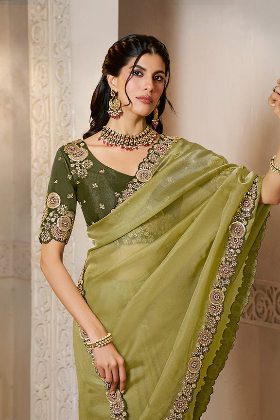 Light Green Organza Satin Handwork Designer Bridal Saree