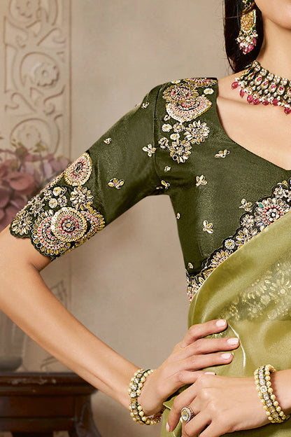 Light Green Organza Satin Handwork Designer Bridal Saree 