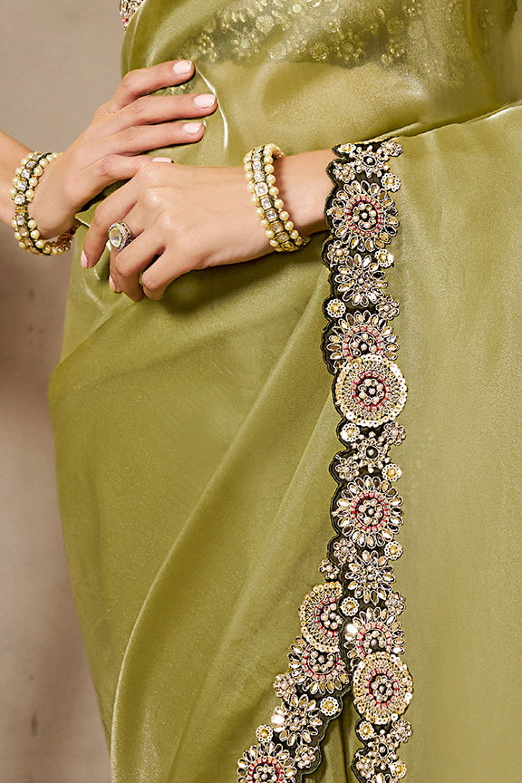 Light Green Organza Satin Handwork Designer Bridal Saree 