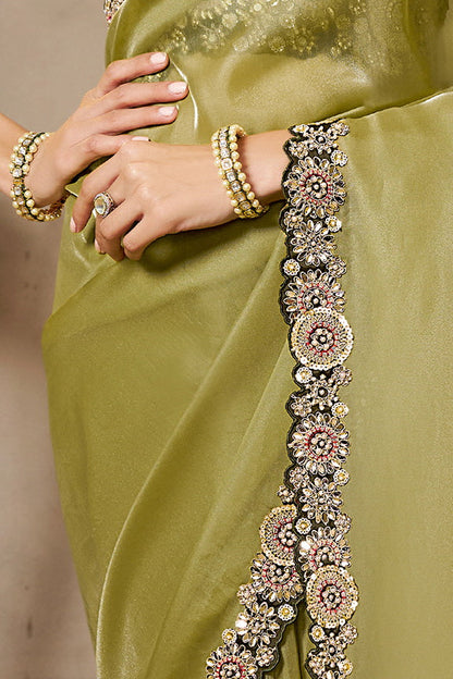 Light Green Organza Satin Handwork Designer Bridal Saree 
