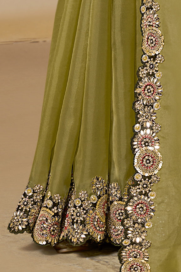 Light Green Organza Satin Handwork Designer Bridal Saree