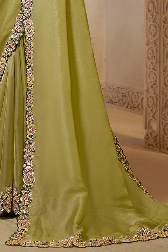 Light Green Organza Satin Handwork Designer Bridal Saree 