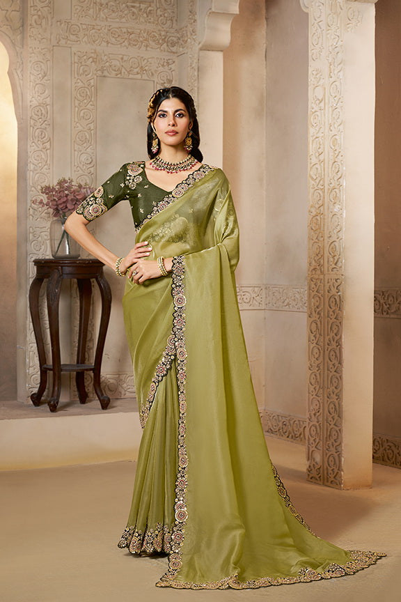 Light Green Organza Satin Handwork Designer Bridal Saree 
