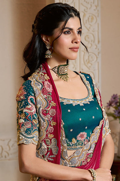 Rani Two Tone Satin Silk Handwork Designer Bridal Saree 