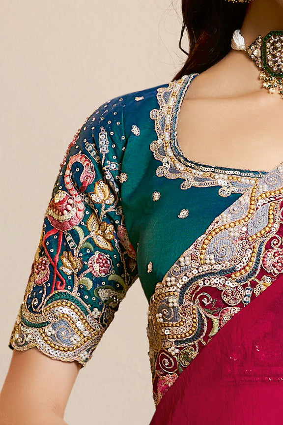 Rani Two Tone Satin Silk Handwork Designer Bridal Saree 