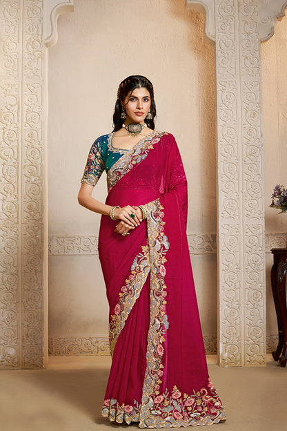 Rani Two Tone Satin Silk Handwork Designer Bridal Saree 