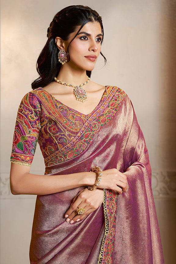 Purple Kanjivaram Jaquard Silk Handwork Designer Bridal Saree 