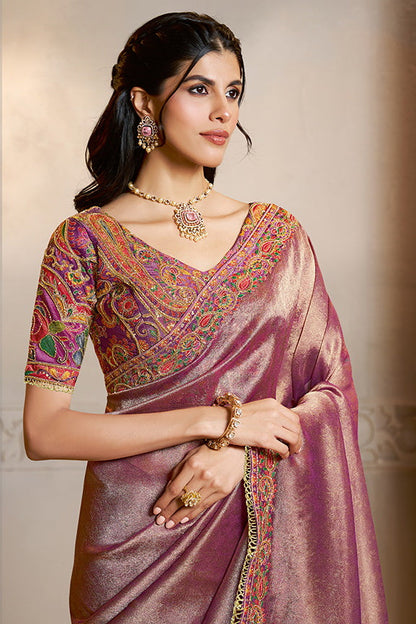Purple Kanjivaram Jaquard Silk Handwork Designer Bridal Saree 