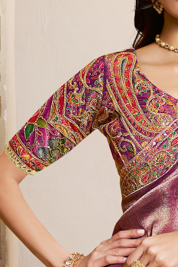 Purple Kanjivaram Jaquard Silk Handwork Designer Bridal Saree 