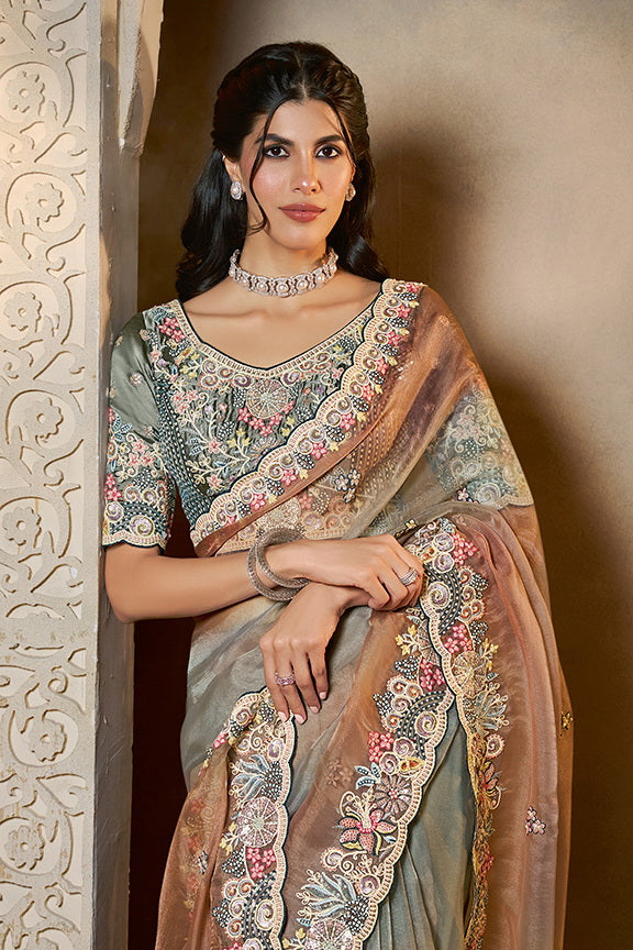 Shaded Grey Organza Satin Handwork Designer Bridal Saree 