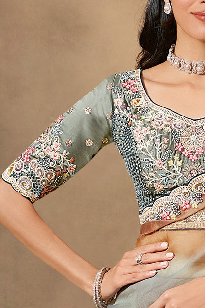 Shaded Grey Organza Satin Handwork Designer Bridal Saree 