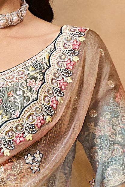 Shaded Grey Organza Satin Handwork Designer Bridal Saree 