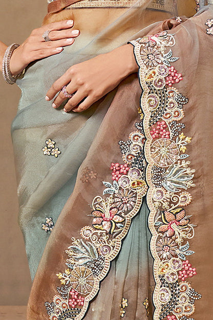 Shaded Grey Organza Satin Handwork Designer Bridal Saree 